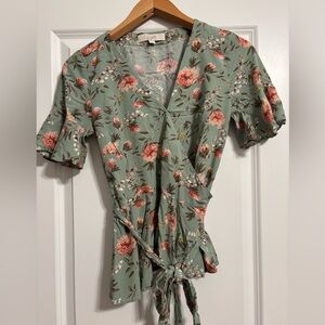 Loft Green & Peach Floral Wrap‎ Around Blouse XS